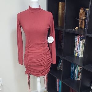 LOST + WANDER Terracotta Knit STAY SWEET Ruched Long Sleeve Mini Dress